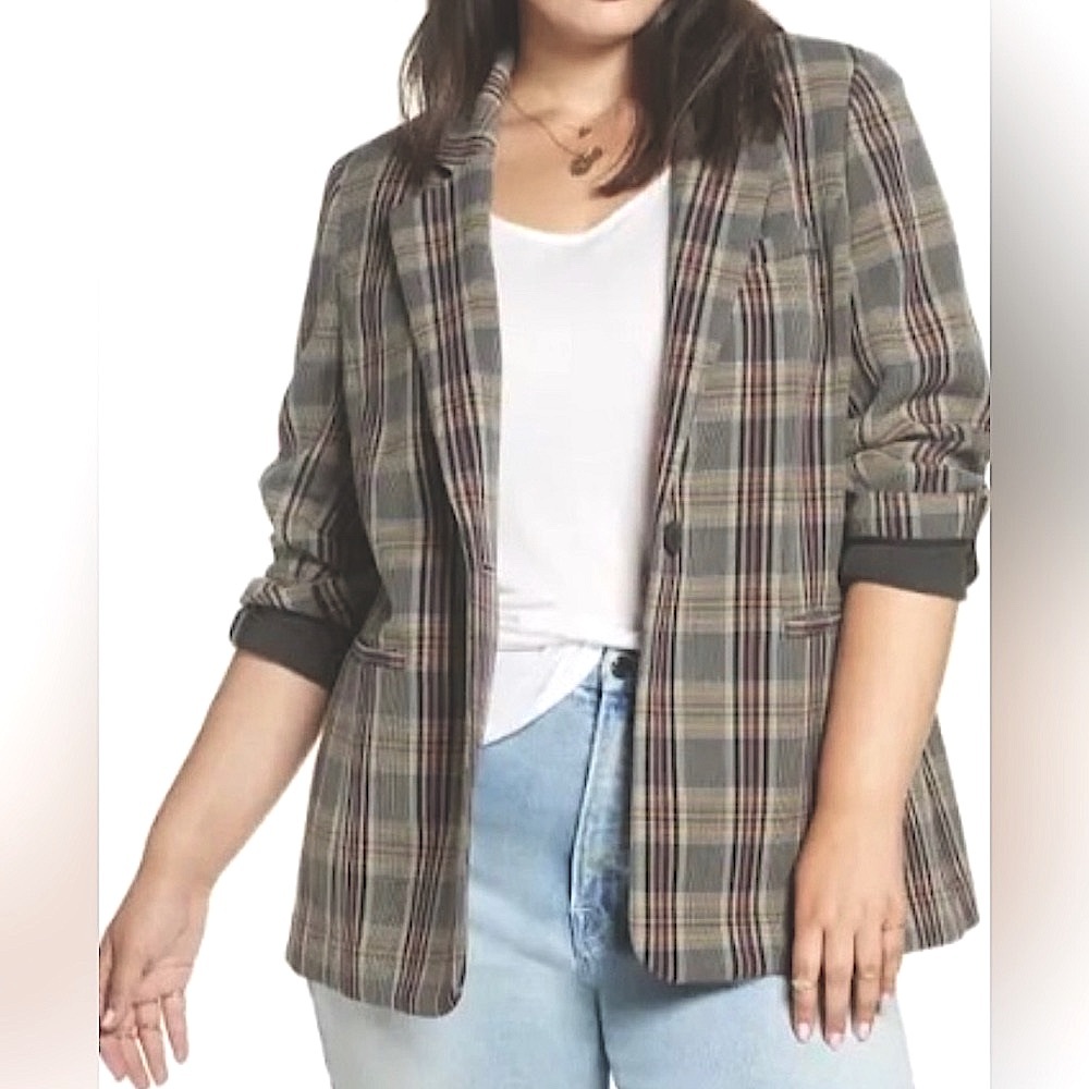Treasure & Bond Plaid Blazer Grey Heather Deschutes Plaid Plus Size 1X NWT
